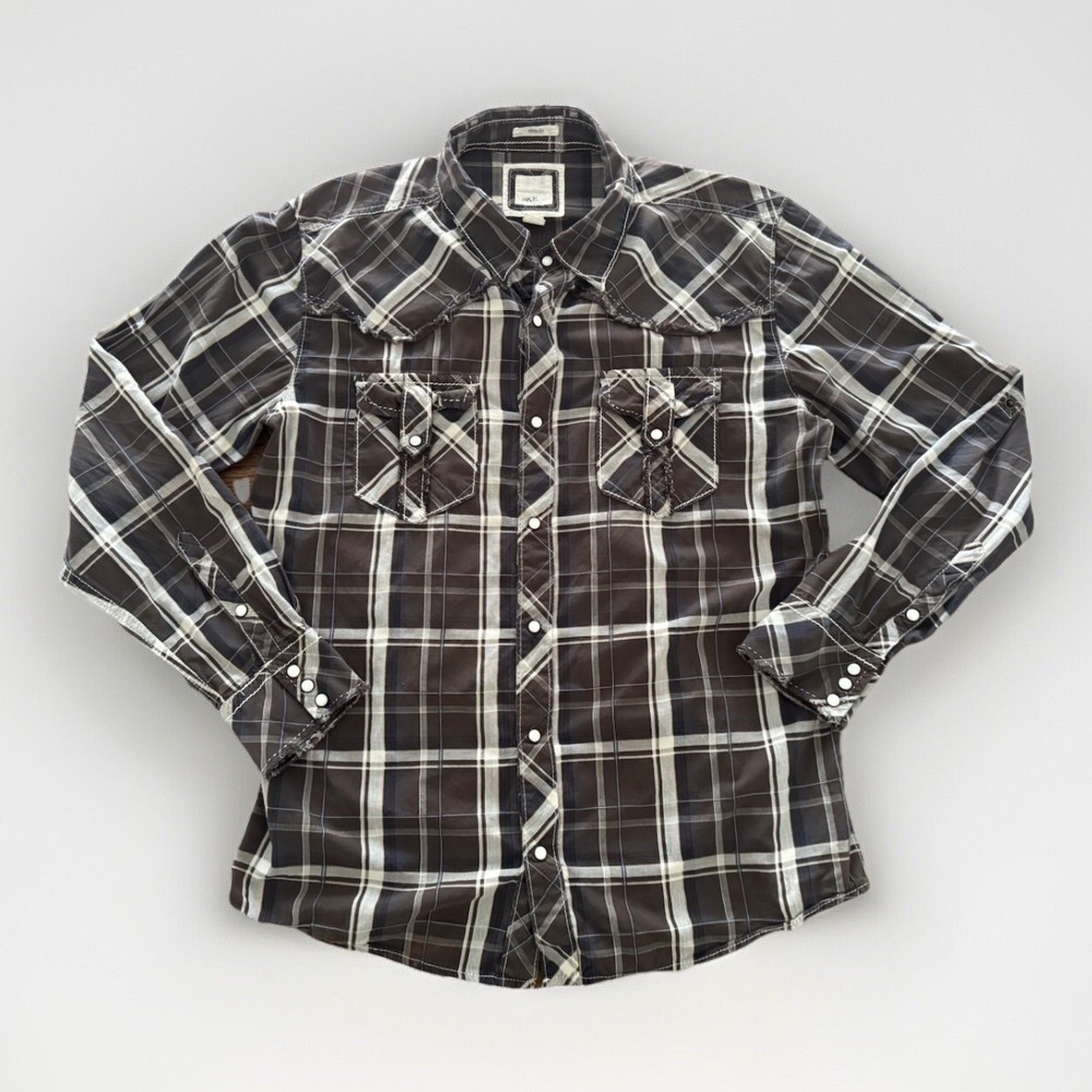 BKE Shirt Men's Large Brown Slim Fit  Plaid Pearl Snap Front Western Cotton